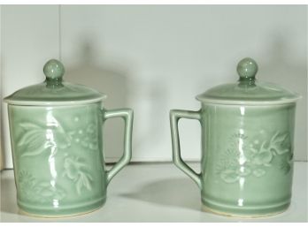 Set Of 2 Celadon Lidded Mugs  W/ Koi Design - New Old Stock