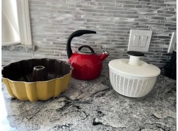 Kitchen Lot - Whistling Red Tea Kettle, Salad Spinner And Bunt Pan - K4