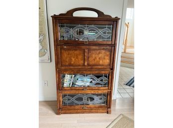 Secretary / Bookcase With 3 Faux Stained Glass Sliding Doors And Mirror Top - Den1