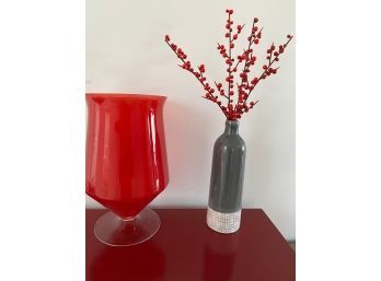 Two Piece Lot - Red Glass Decorative Vase And One Portugal Terracotta Vase With Berries - F3