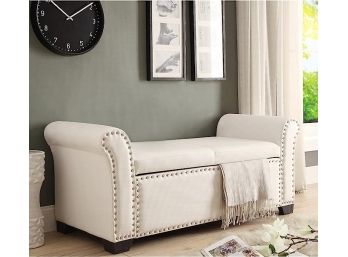 #50 Inspired Home Noah PU Leather Modern Contemporary Nail Head Trim Storage Ottoman Bench, Ivory