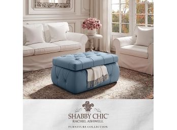 #69 Shabby Chic Storage Ottoman - Button Tufted, Velvet, Upholstered (Light Blue)