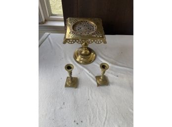 Vintage Brass Cake Stand (?) And Candlesticks