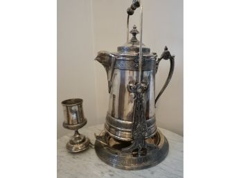 853- Victorian Reed And Barton Silver Plated Tilting Water Pitcher W/ Goblet - Porcelain Lined And Under Plate