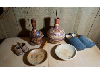 8 PIECE MISC LOT INCLUDING TOOLED LEATHER DECANTER/PAINTED WOODEN POTATO BOWL