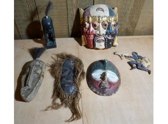 6 PIECE LOT KENYA MASKS, THAILAND MASKS, STATUES