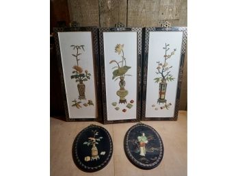 5 ASIAN WALL PLAQUES W/ APPLIED PIECES