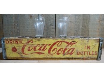 COKE CRATE  2 VINTAGE COKE GLASSES