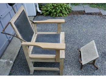 ANTIQUE BARBERS CHAIR W/ CAST IRON STOOL