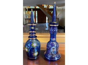 Persian Painted Cobalt Blue Glass Decanters