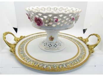 L'toile Porcelain Limoges Footed Pierced Compote, And Porcelain Tray