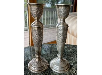 Hand Chased Persian 84 Silver Candlesticks