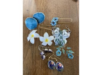 Earring Lot With Big White Flowers, Sterling And Enamel C