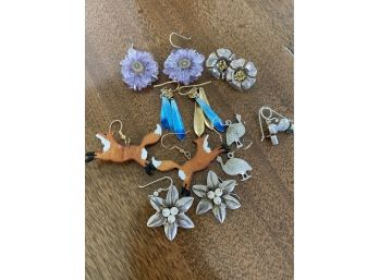 Earring Lot With Wooden Foxes, Sterling Silver & More F