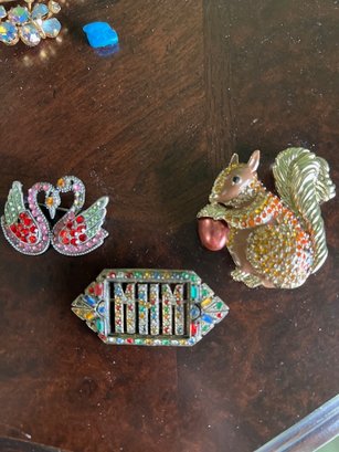 3 Jeweled Brooches Swans, Squirrel And Initialed