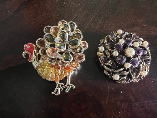 A Pair Of Jeweled Pins Including A Turkey!