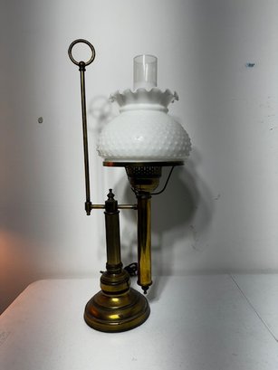 A Vintage Student Lamp In Brass With Milk Glass Hob Nail Shade