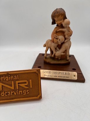 ANRI 'good Shepherd'  Wood Carved Sculpture With Base By J Ferrandiz