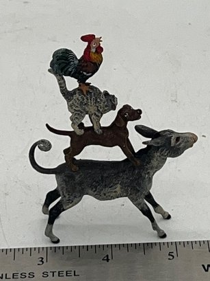 The Bremen Town Musicians Bronze Hand Painted Donkey, Dog, Cat, Rooster