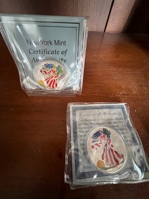 2 New York Mint 2000 And 2001 Colorized Walking Liberty Coins Each 1 Oz Fine Silver