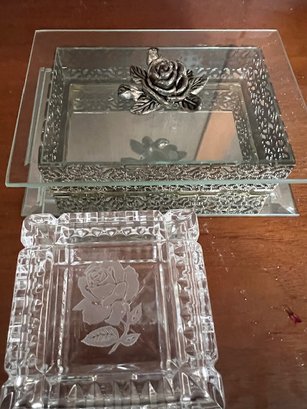2 Jewelry Catch All Boxes With Roses Glass And Pewter