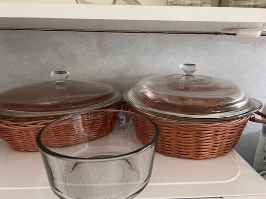 A Group Of Three Pyrex 2 In Baskets One Individual