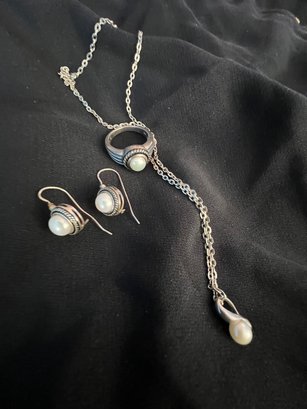 Set Of Sterling Silver With Mabe Pearls Earrings Ring And Necklace