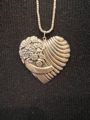 Silver 925 Embossed Heart Necklace On Long Chain 925