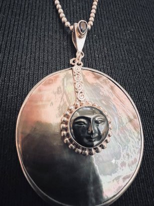 Exceptional Sajen Carved Face On Mother Of Pearl Necklace On Sterling Silver Chain