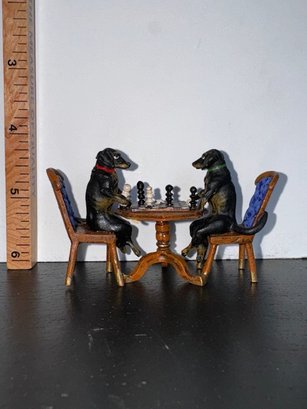 Austrian Bronze 2 Dachshunds Playing Chess