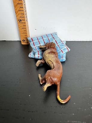Cold Painted Austrian Bronze Dachshund Lying On A Blue Pillow