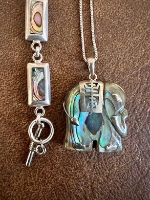 Abalone Carved Elephant Necklace And Bracelet In 925 Silver