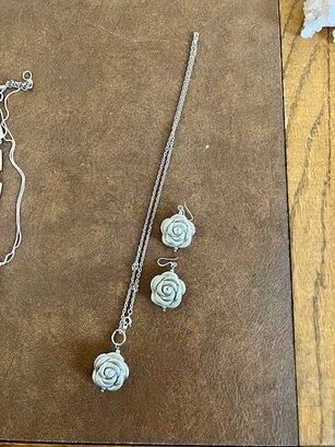 Silver Puff Rose Earrings And Necklace