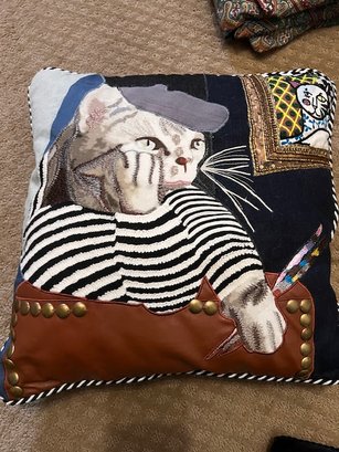Large Mackenzie Childs Pablo Picasso Cat Pillow With Leather, Brass Heads And Bejeweled!