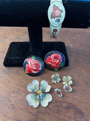 Roses, Enamel Trifari Set And Hand Painted Earrings