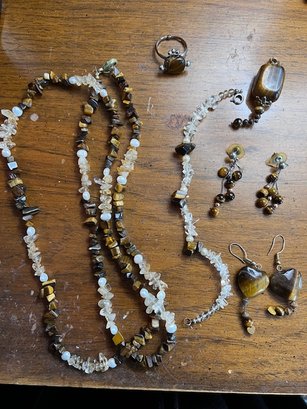 Group Of Crystal And Tiger Eye Earrings, Ring, Bracelet And Necklace