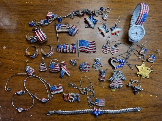 A Large Group Of Americana Pins, Watch, Ring, Bracelets, Necklaces Etc! Over 35 Pieces!