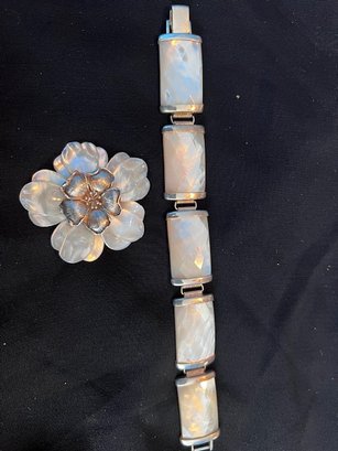 Carved Rose Brroch. Necklace And Bracelet Set In 925 Silver