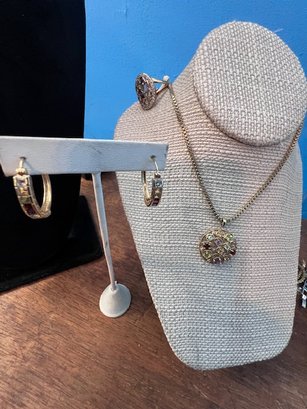 Multi Stone Necklace, Ring, And Earrings In 925 Gold Overlay