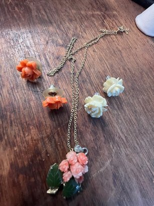 Group Of Rose Jewelry Earrings And Necklace Multi Materials