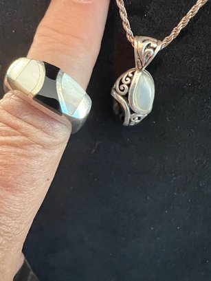 Ring And Necklace Onyx And Mother Of Pearl Set In Sterling Silver 925