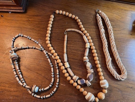 Fantastic Group Of 4 1970's Beaded And Wood Chunky Necklaces