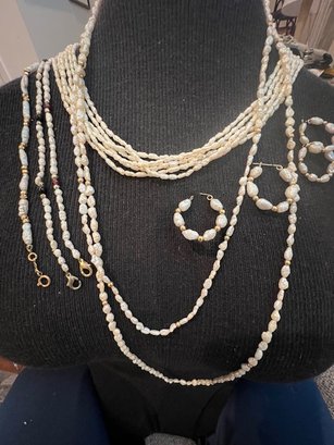 A Suite Of Pearl And Gold Earrings, Bracelets( Marked 14K), And Necklace