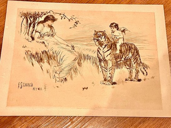 Frederick Stuart Church Idyl, Cherub On A Tiger Etching  1888