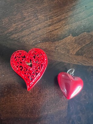 Two Vintage 1970's Red Hearts One Puff Heart Pendent, One Open Work Pine