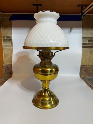 A Hobnail And Brass Oil Lamp