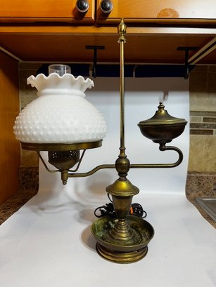 Mid Century Student Lamp Brass With Hobnail Milk Glass Shade