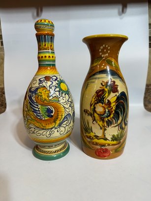 A Pair Of Italian Hand Painted Ceramic Vase And Cruet