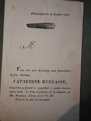 A N 1820, FUNERAL INVITATION FOR A WOMAN IN FRENCH IN PHILADELPHIA