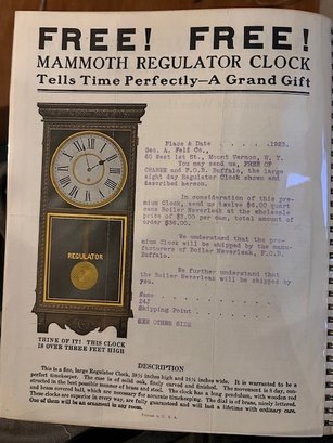 Advertisement For A FREE FREE Mammoth Regulator Clock 1923 Mt Vernon, NY